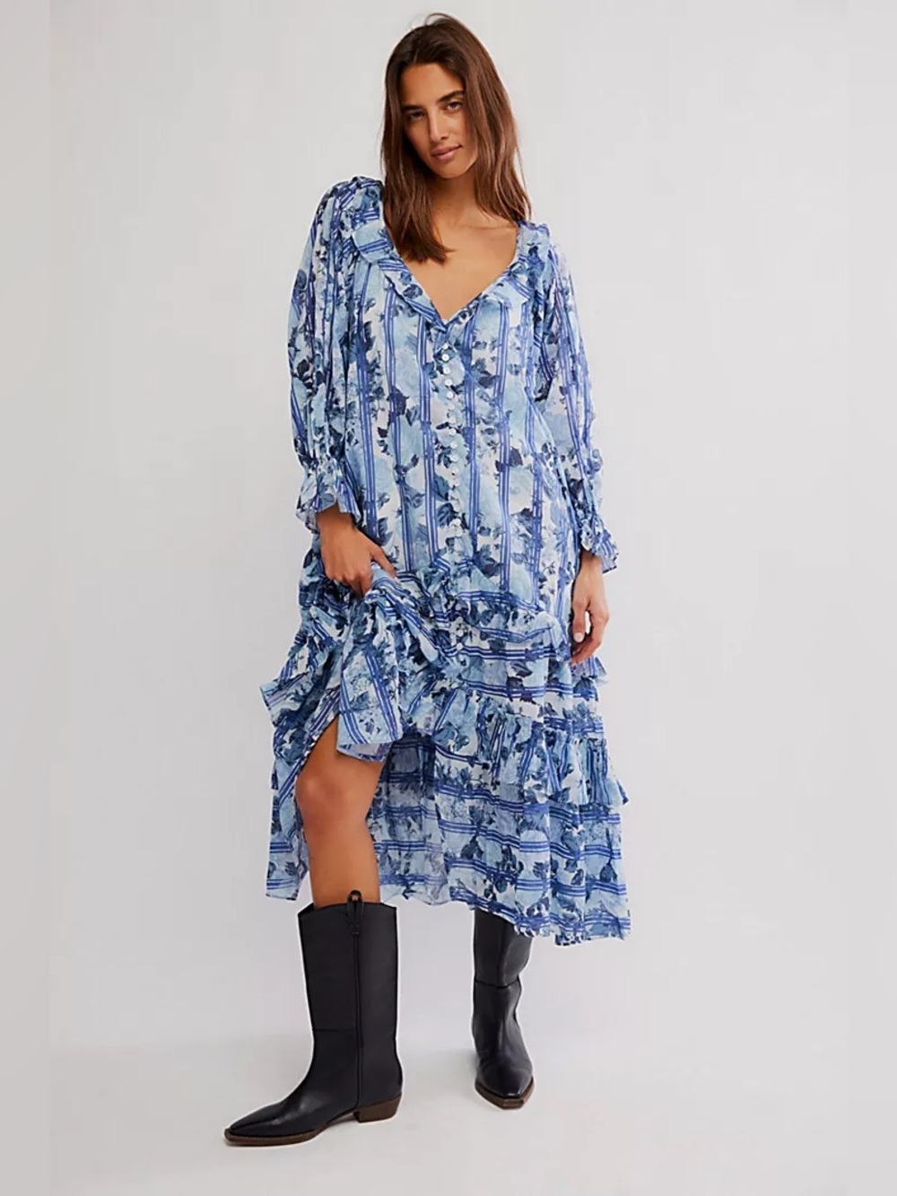 New Free People Blue Garden Wonders Maxi Boho Western Gown Dress sz XS